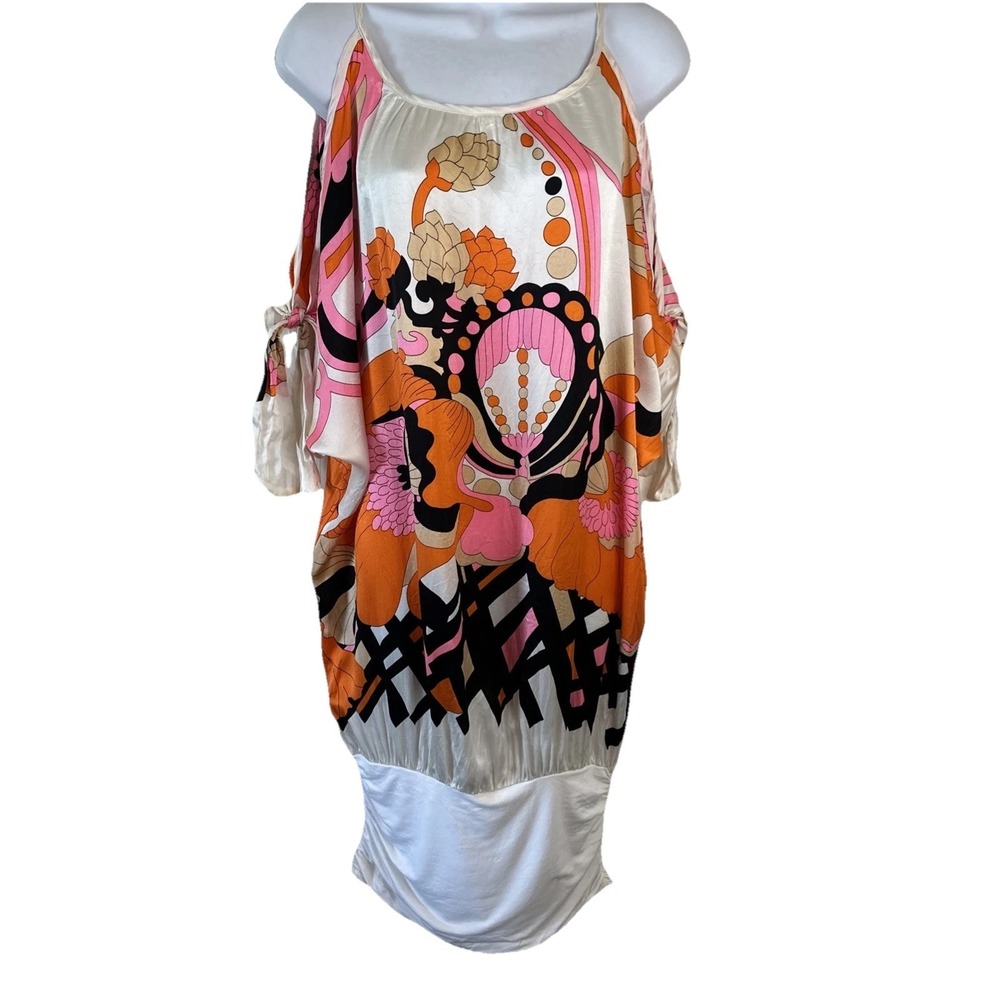 Voom Joy Han Silk Dolman Tie Sleeve Mini Dress Bright Design Orange Pink M